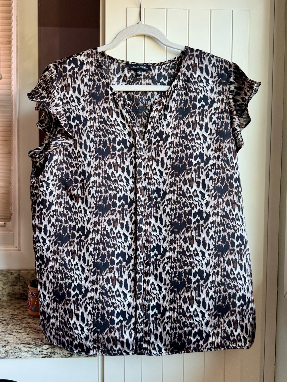 Notations Leopard-Print Ruffle Sleeve Blouse - Black, Brown, Cream